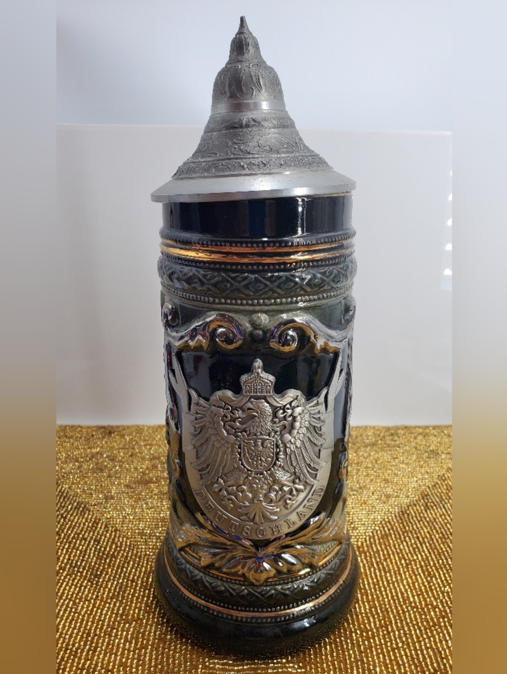 German beer stein (Bierkrug), ceramic body with a decorative metal lid. (LT2)